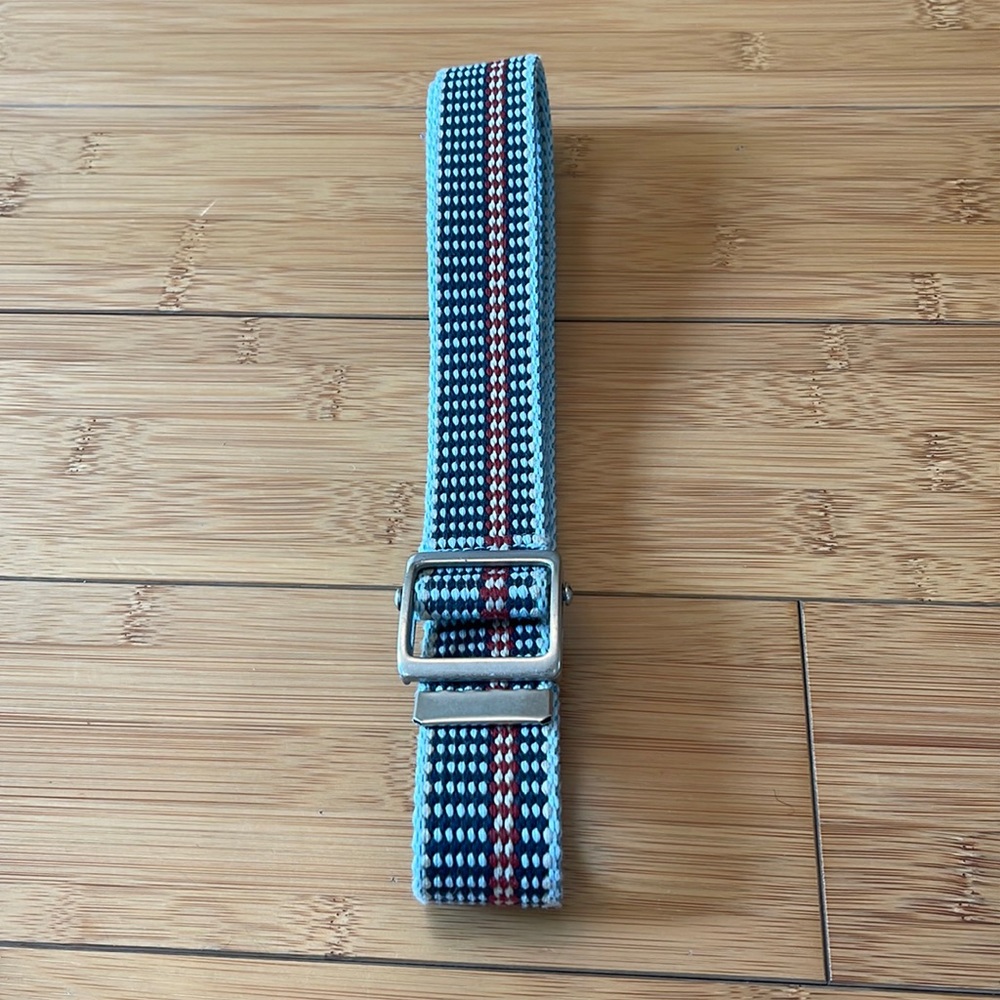 Striped Webbing Belt adjustable metal buckle blue/red/cream canvas belt